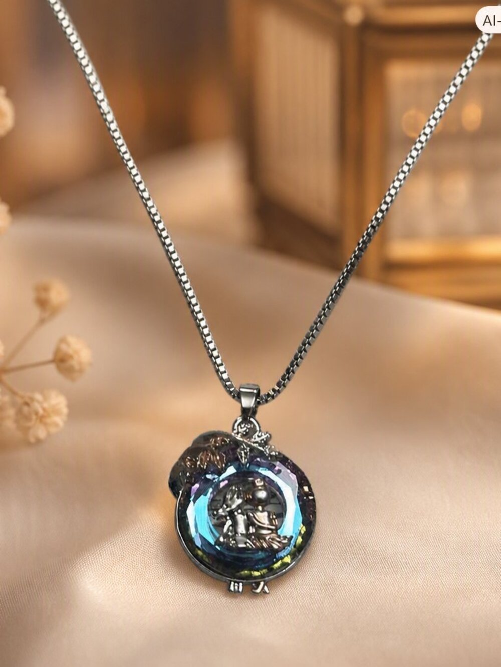 2 Sisters Iridesent Glass Silver Tone Necklace